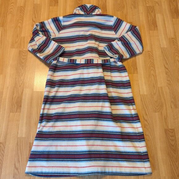 LL Bean Bathrobe Womens Medium Petite White Blue Red Stripes Lounge Belt - Picture 8 of 8